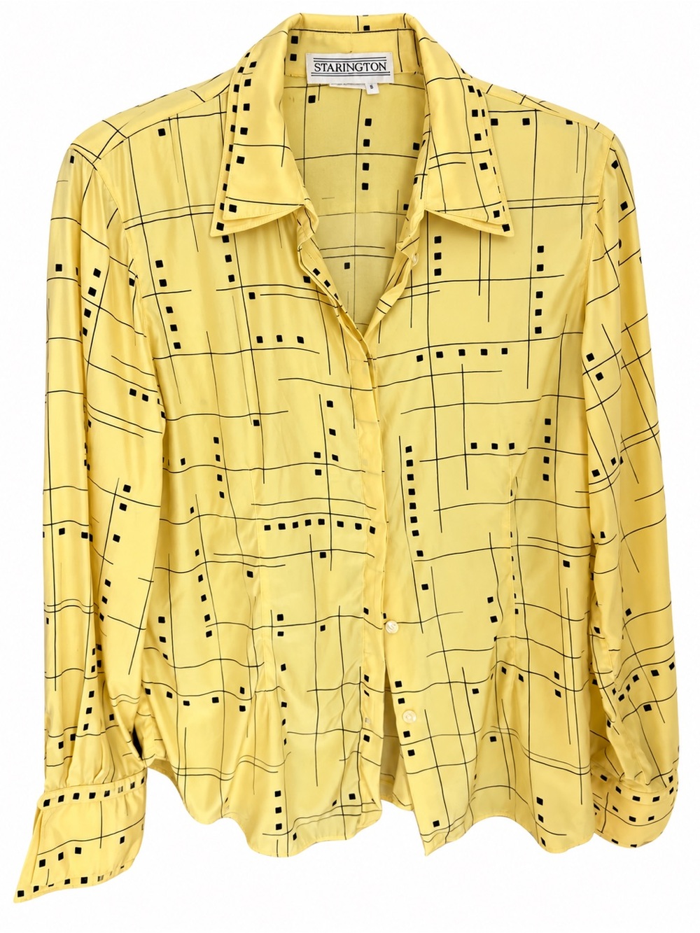 Starington 100% Silk Yellow Black Geometric Button Down Blouse Size 8
